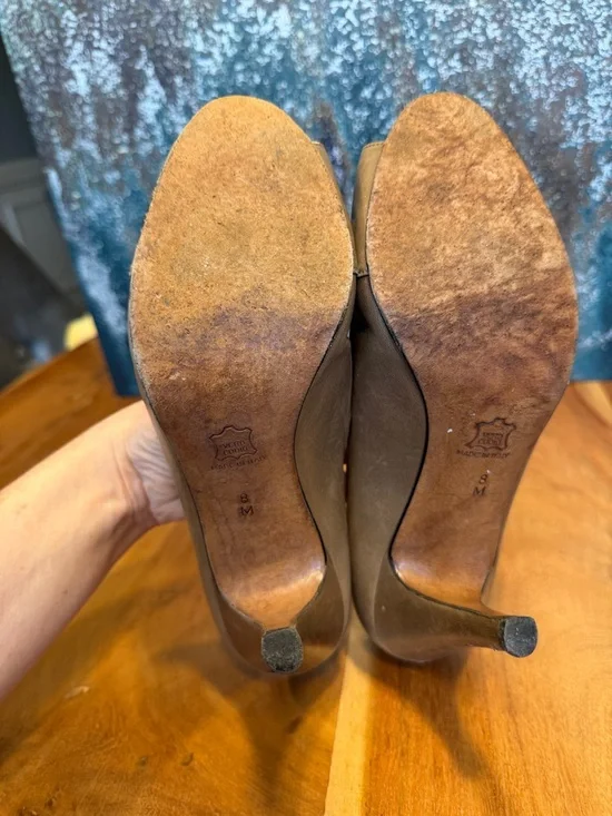 Yves Saint Laurent Vintage 90s Quiet Luxury Leather Peep Toe Heels Taupe/Tan - Picture 12 of 17